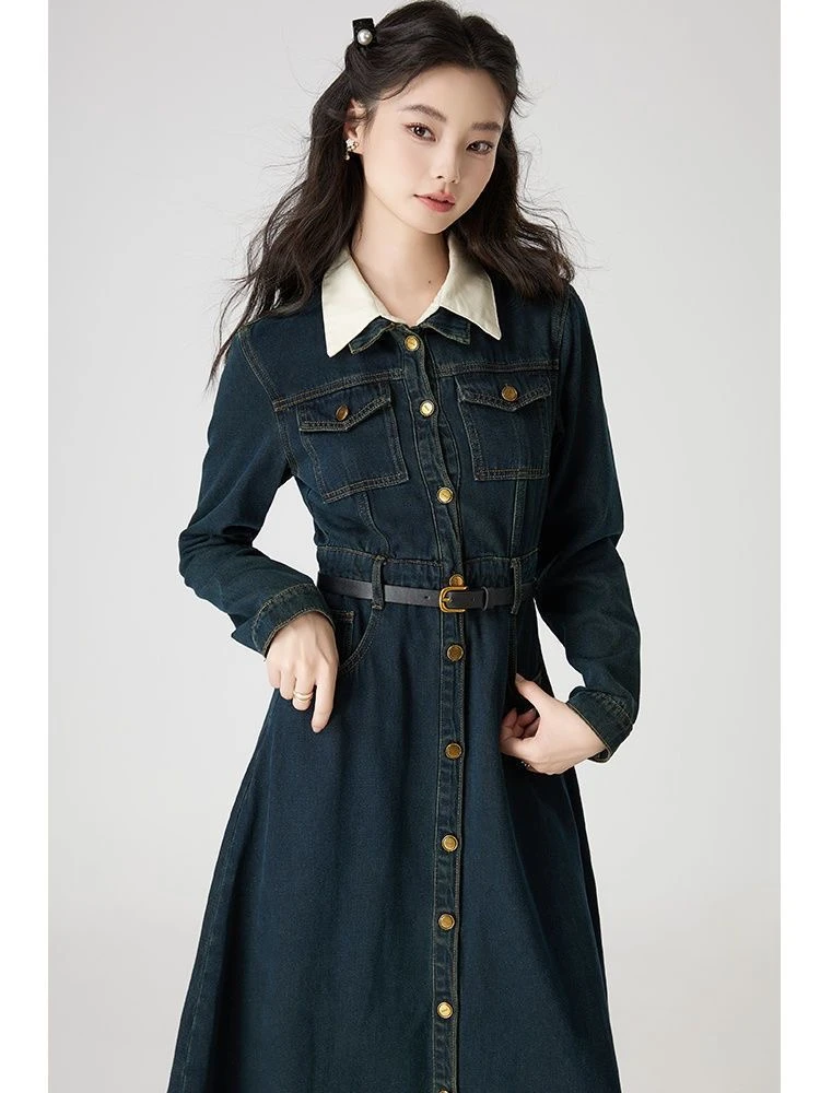 法式复古牛仔连衣裙女春秋2025新款显瘦设计感气质裙子质感高级感