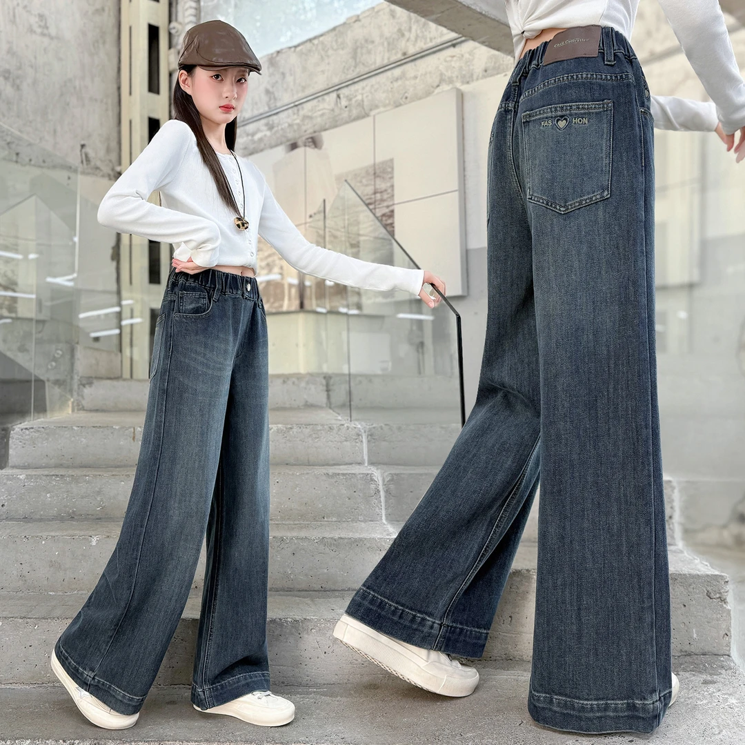 女童阔腿牛仔裤春秋款2025新款初中生中大童早秋女孩阔腿裤子秋装