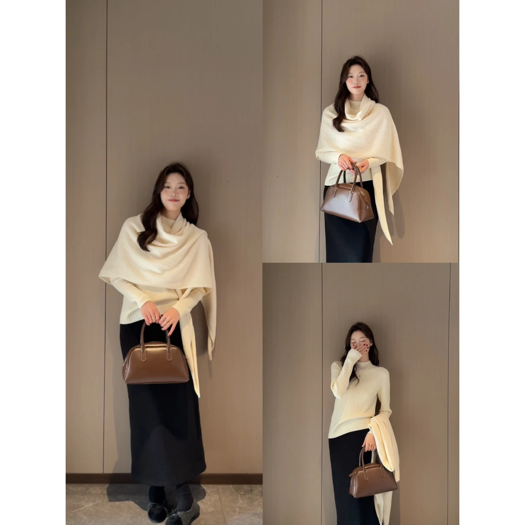 351072#秋冬慵懒温柔气质华夫格披肩针织两件套毛衣