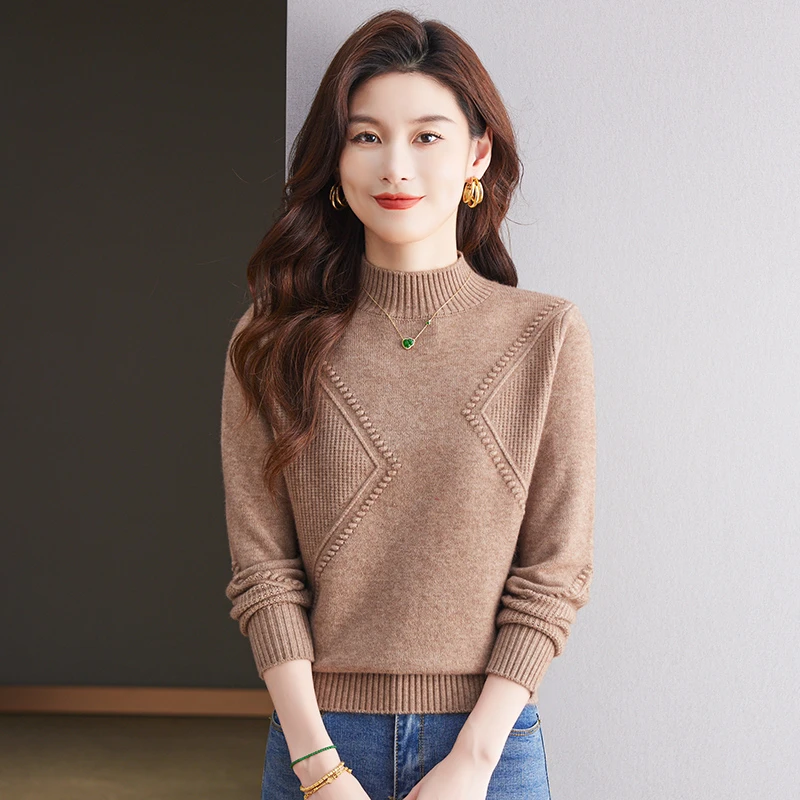 2025秋冬新款半高领纯色针织打底衫时尚百搭洋气宽松版型内搭上衣