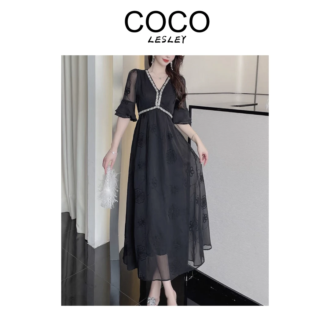 【COCO LESLEY】法式手工缝钻刺绣提花桑蚕丝连衣裙G25060