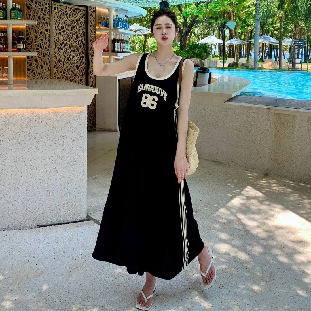 夏季新款胖mm大码美式复古字母背心T恤裙长裙宽松显瘦无袖连衣裙