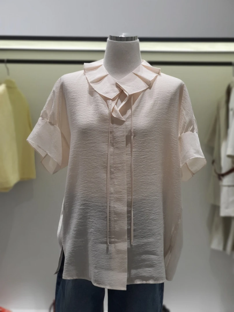 闪闪兒 cc衬衫 韩版设计感文艺浪漫风荷叶领系带短袖衬衫88004