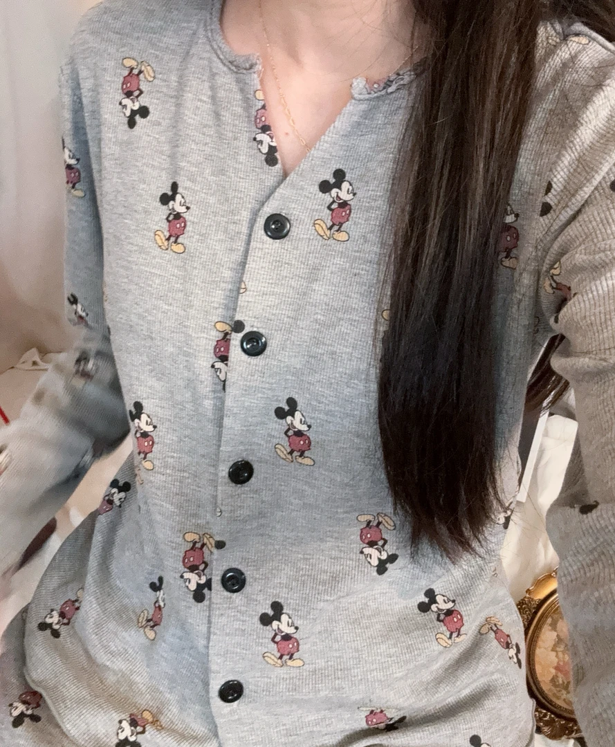 可爱卡通长袖显瘦带胸垫可外穿休闲家居服套装