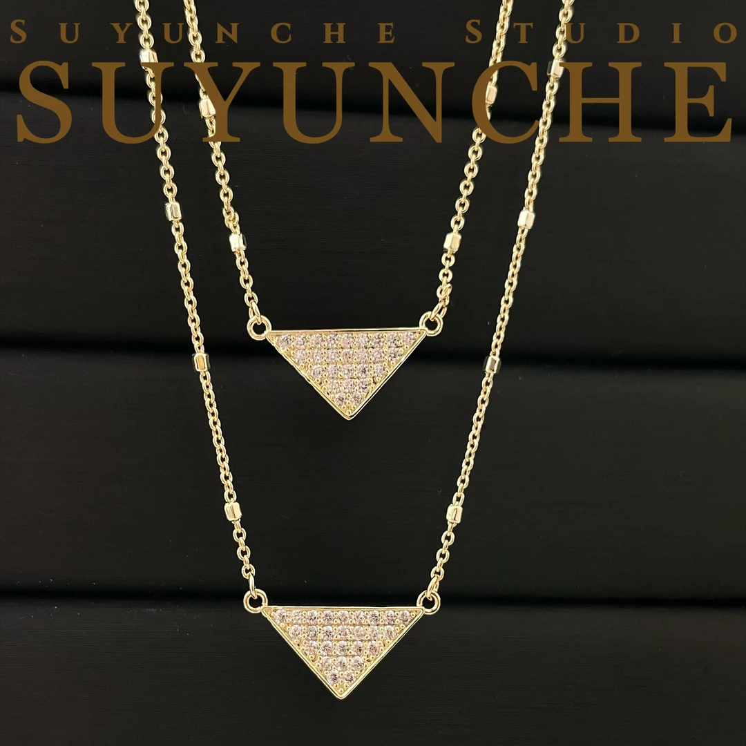 铜合金项链 Suyunche2349轻奢时尚浅金色双层叠加双吊坠项链