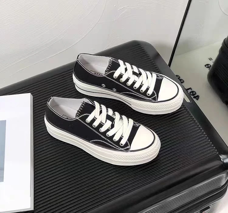 Z06223-高帆布鞋春秋新款女鞋百搭厚底小白鞋黑色休闲板鞋ins潮