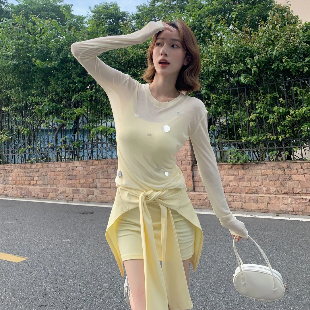 设计感绑带假两件辣妹连衣裙U领无袖短裙吊带裙女装