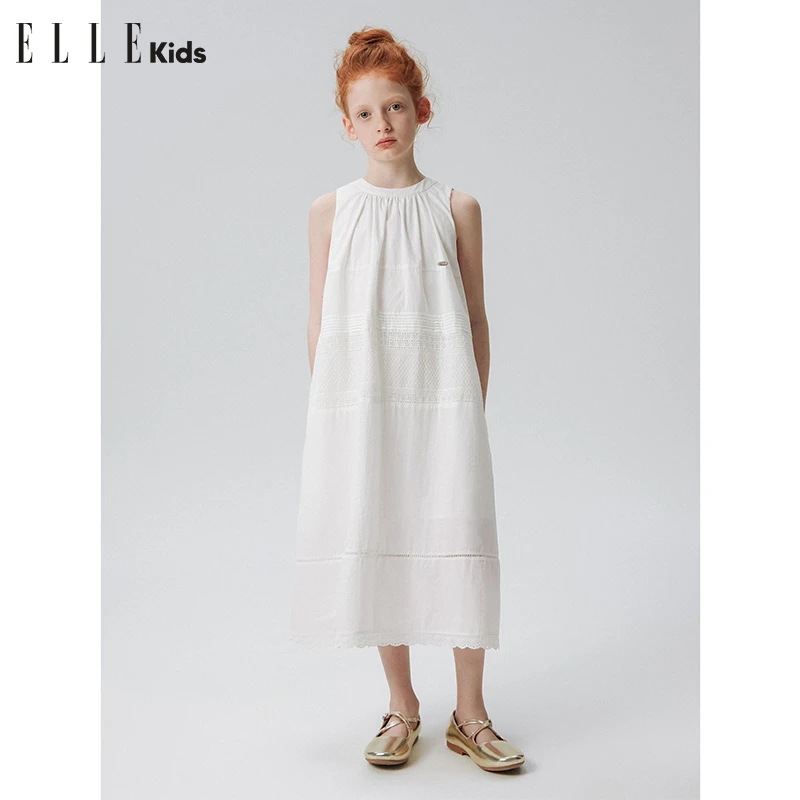ELLE KIDS童装法式简约白色刺绣时尚显瘦淑女花边连衣裙A4