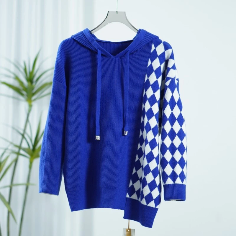 【诗M】O-494-1  女装春秋棋盘格拼接毛织卫衣蓝色2509275