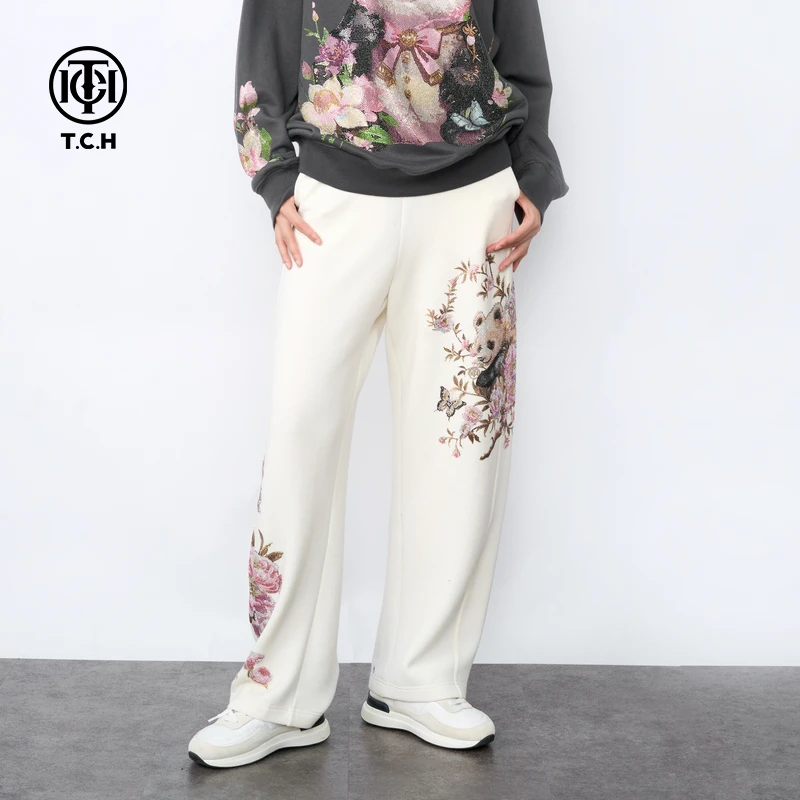 轻奢-TCH烫钻熊猫新中式复古宽松时尚休闲阔腿直筒裤女T72C206113