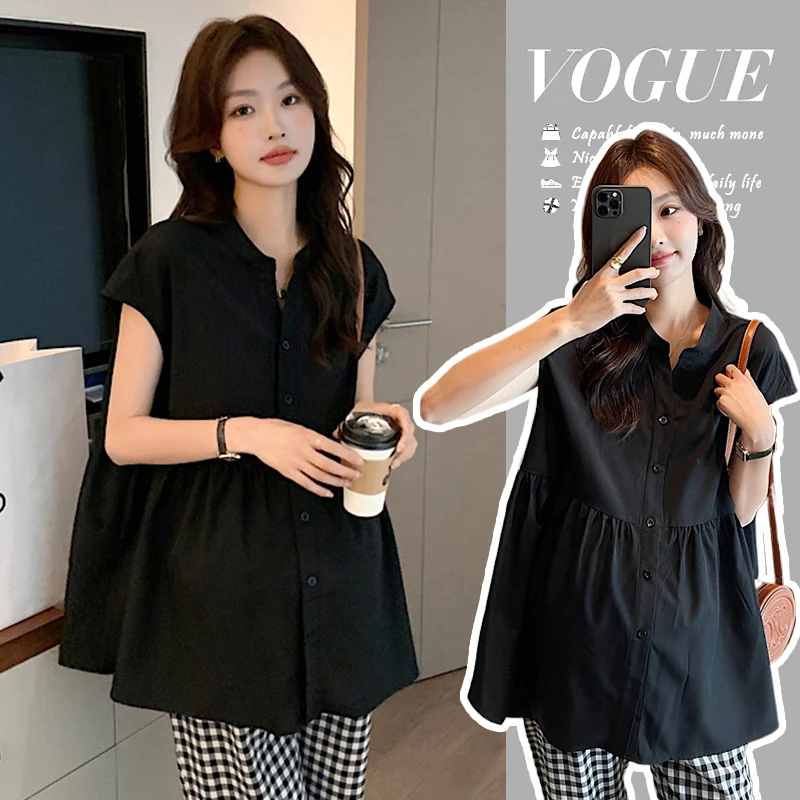 孕妇夏季显瘦孕期上衣洋气娃娃衫黑色雪纺衬衣格子阔腿裤孕妇套装