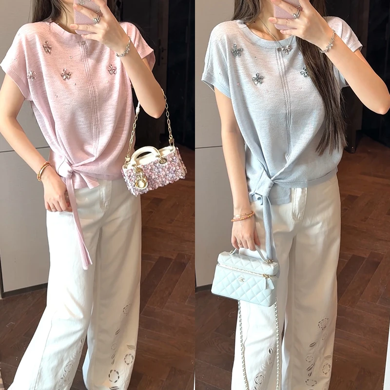 【mimius】喵喵 重工设计感镶钻侧系带短袖上衣 WG04092