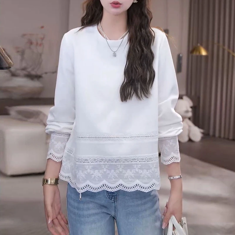 2025年春季长袖蕾丝提花上衣女士2025气质洋气宽松圆领拼卫衣