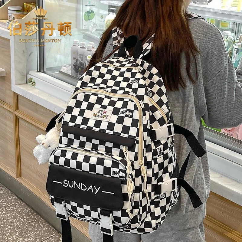 伯莎丹顿书包女小学生女生大容量高中生初中生格子男生双肩包