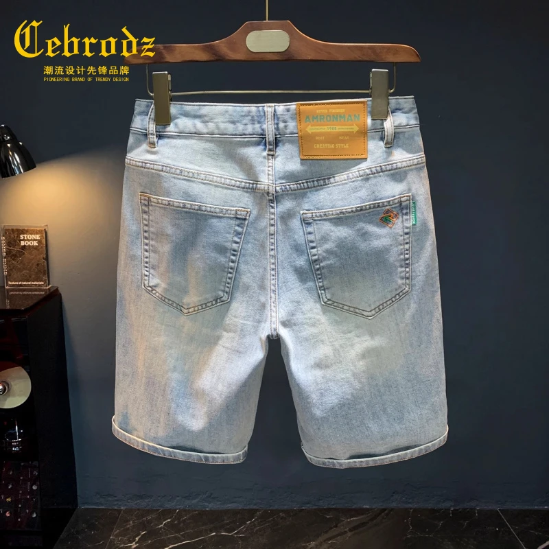 法国Cebrodz夏季高端男士牛仔短裤直筒中裤水洗磨白做旧五分男裤