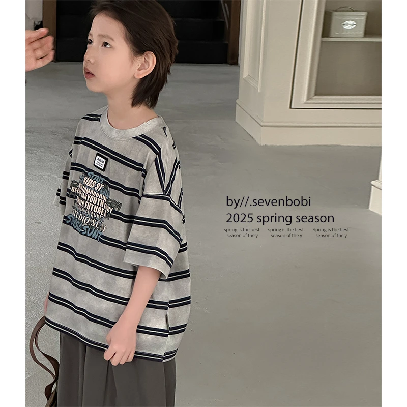 【现货】男童条纹短袖t恤儿童短袖2025新款韩版女童宽松上衣夏季