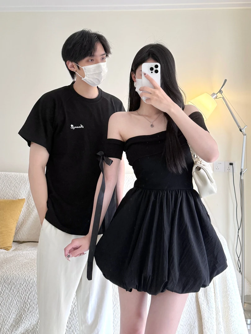 情侣装花苞裙气质连衣裙夏季修身短袖露肩中腰收腰连衣裙男短袖潮