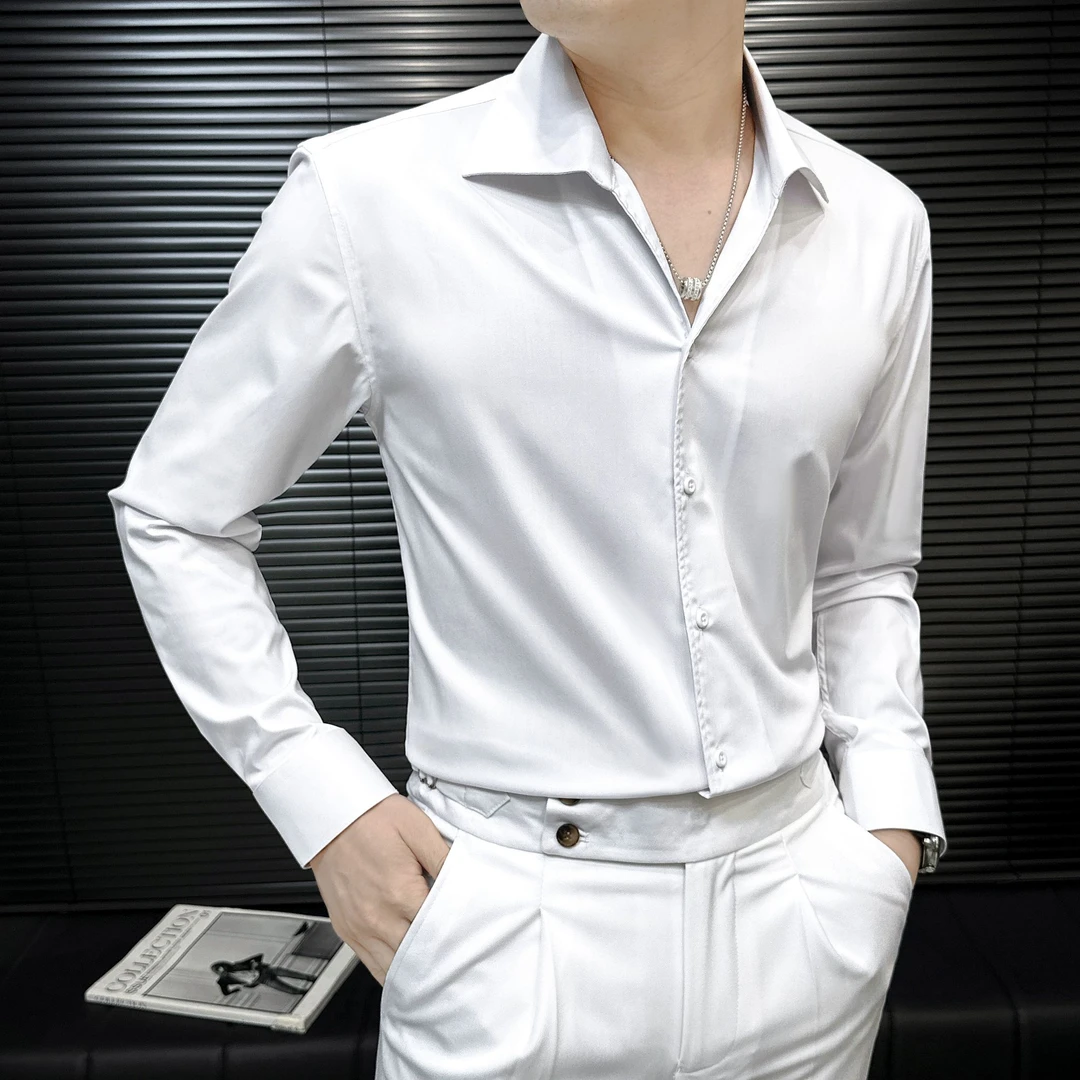 职场V领白衬衫男正装春季爆款2025新款商务男装纯色衬衣男款长袖