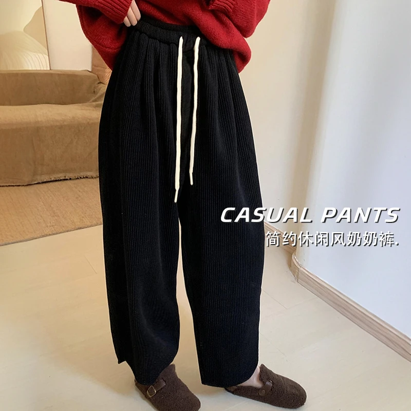 秋冬新款韩版百搭加绒加厚简约休闲裤小个子奶奶裤宽松显瘦哈伦裤