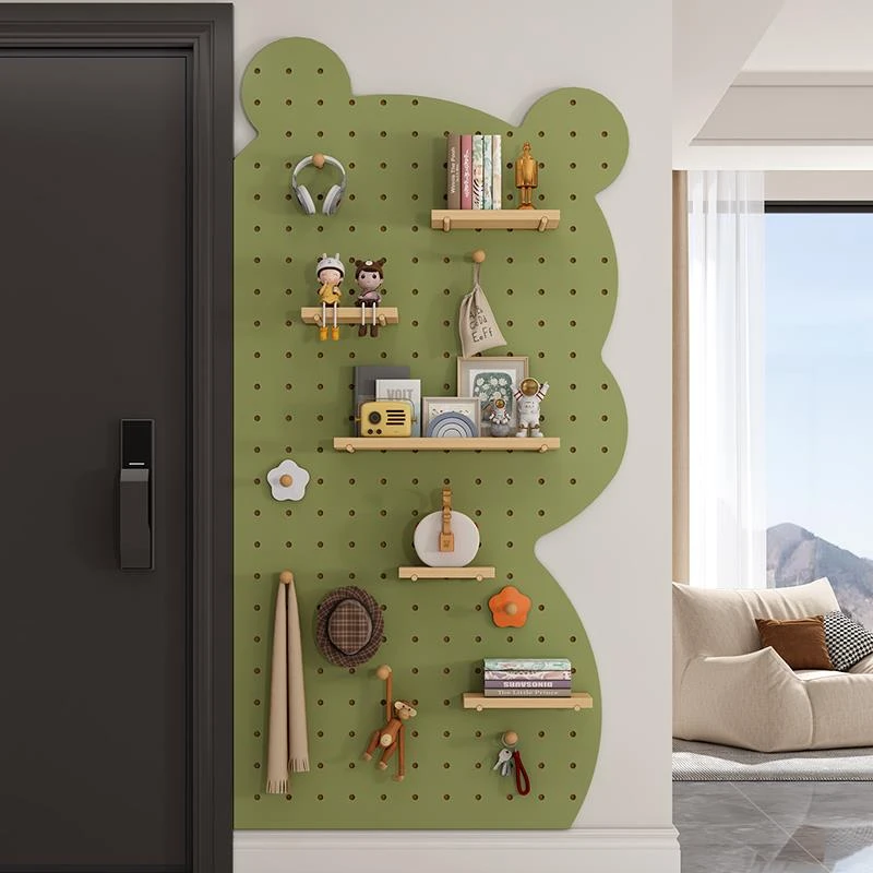 小熊洞洞板入户玄关门口墙上置物架实木展示架熊猫收纳洞洞板定制