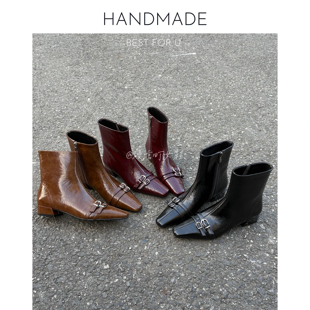 漫言町4cm头层牛皮方头低跟短靴时装靴粗跟百搭显瘦街头风瘦瘦靴