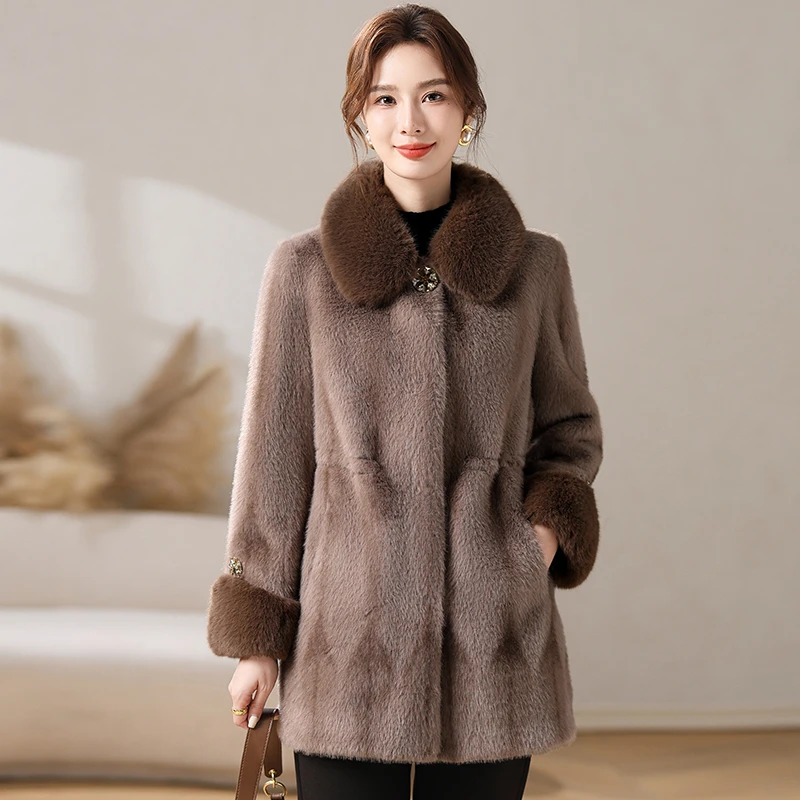 中年妈妈装水貂绒大衣过膝中长款中老年婆婆毛呢外套秋冬季厚衣服