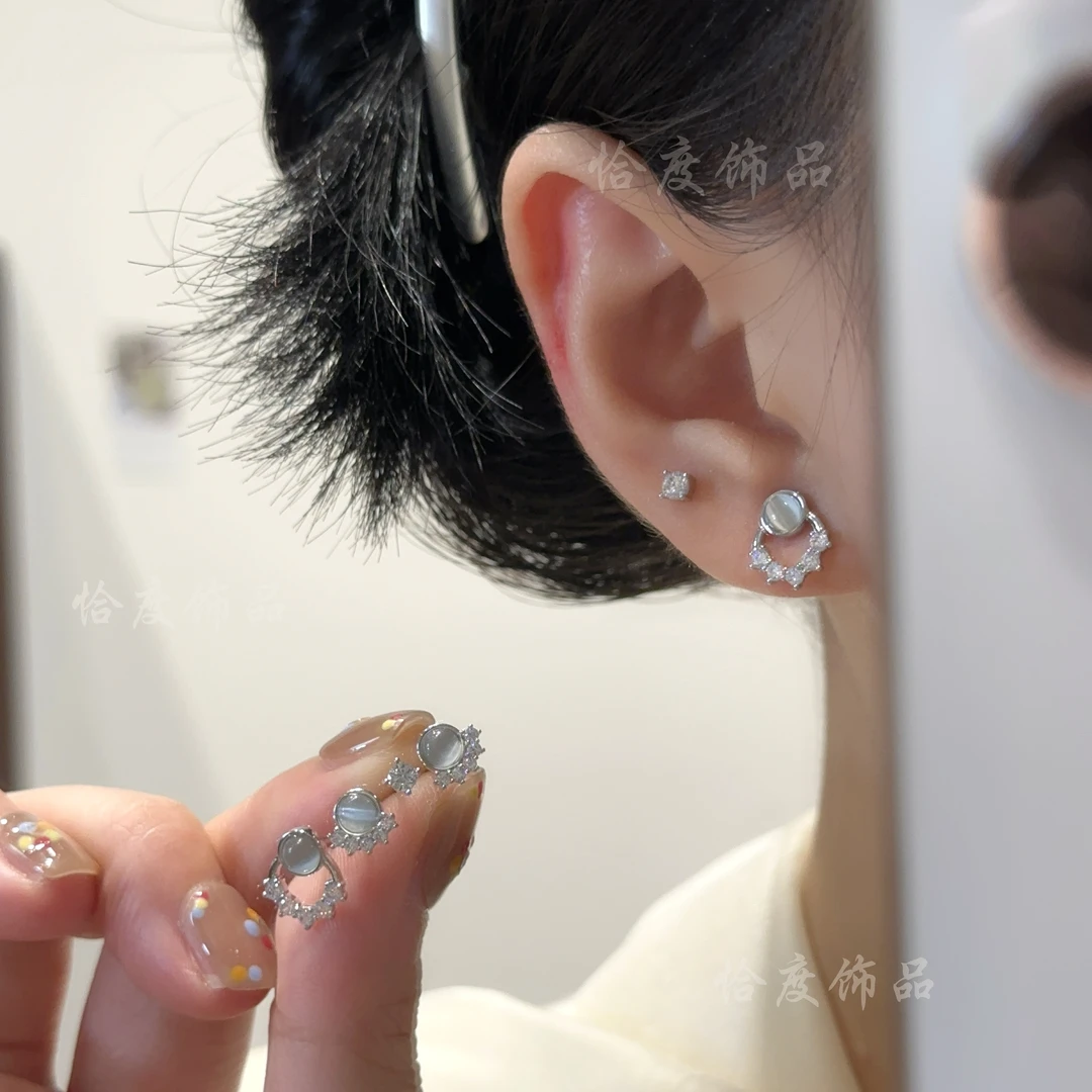【恰度】清透猫猫石精致闪锆六件套耳钉