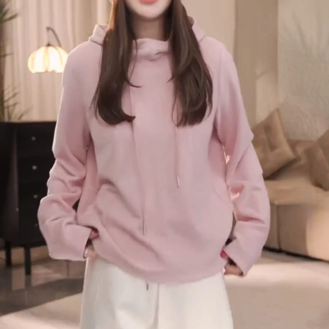 加绒纯色连帽百搭长袖卫衣2025冬季新款女士百搭显瘦休闲时尚上衣