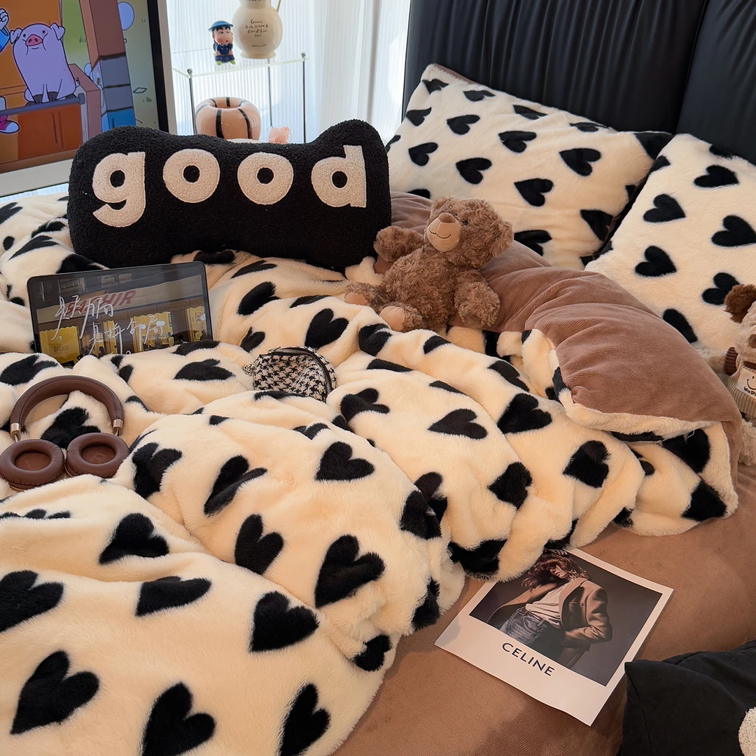 ins爱心兔毛绒床上四件套加厚保暖毛绒2025新款床品三件套4