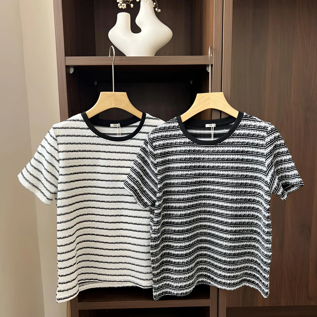 【简约通勤风】小香风法式拼接白色线条纹时尚圆领针织衫清爽薄款