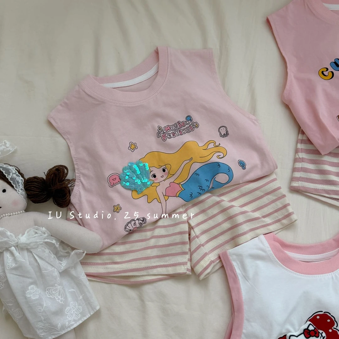 【艾柚】夏季韩版儿童舒适卡通坎肩立体外出美人鱼套装WY3743