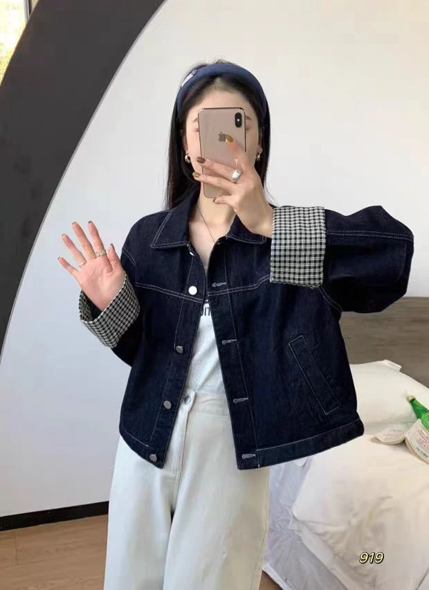 POLO领女牛仔长袖翻领春秋假两件薄款短外套春季秋季