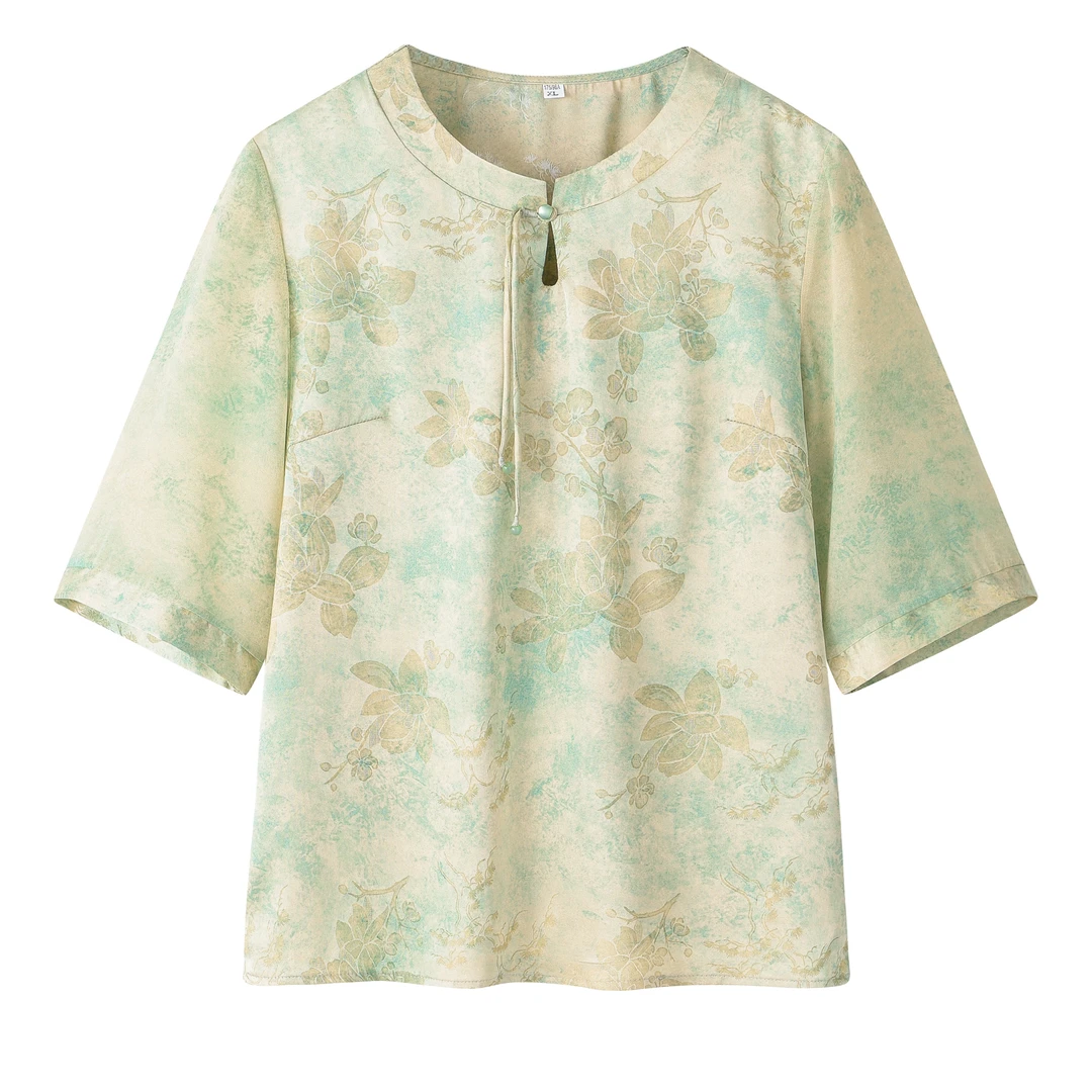 夏季女士国风印花圆领半袖妈妈冰感透气大码宽松真丝短袖T恤小衫