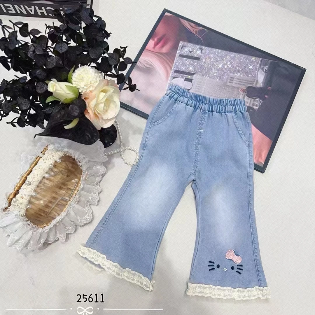 【Bao Bao】夏款女童天-丝微喇花边kitty猫牛仔裤25611