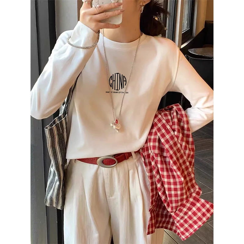 2025新款正肩圆领纯棉长袖t恤女时尚百搭青春白色上衣打底衫秋季