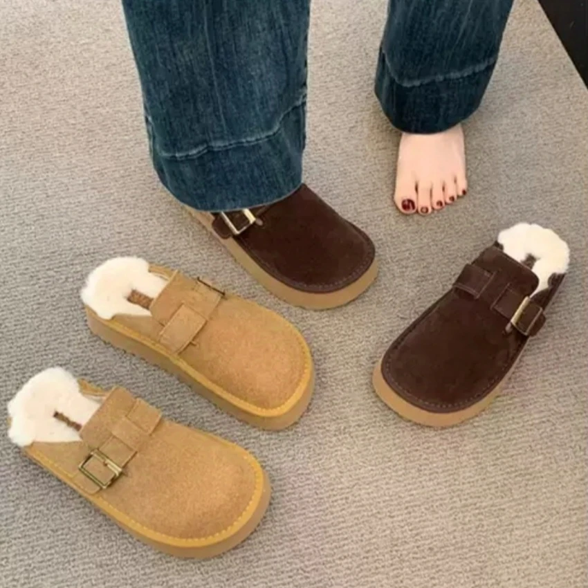 时尚女冬季外穿加绒厚底新款保暖勃肯包头拖鞋981（扣扣包头拖）