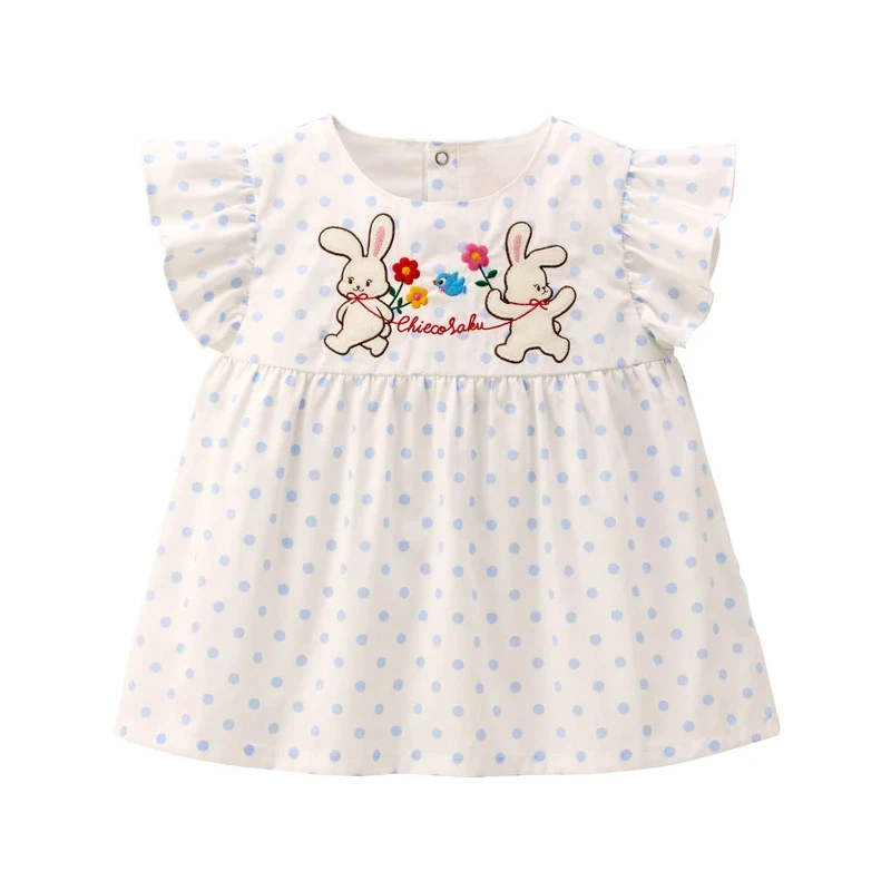 miki童装儿童夏季女童短袖T恤宽松荷叶边CS小兔花朵刺绣波点体恤