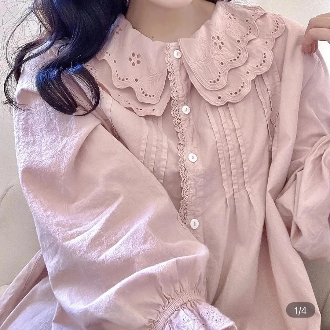 镂空钩花双层娃娃领长袖衬衫女日系新款甜美减龄宽松风琴褶皱衬衣