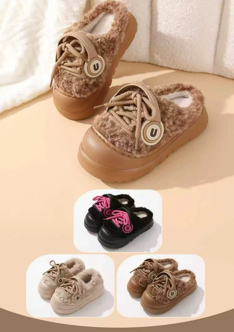 （001-200）女士可爱加毛绒室内家居家用保暖防滑厚底秋冬季棉拖鞋