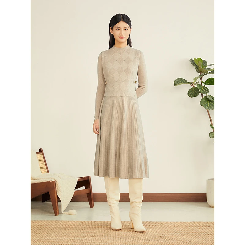 YINER音儿专选2025冬新款菱形格羊毛混纺真两件连衣裙8C65506366