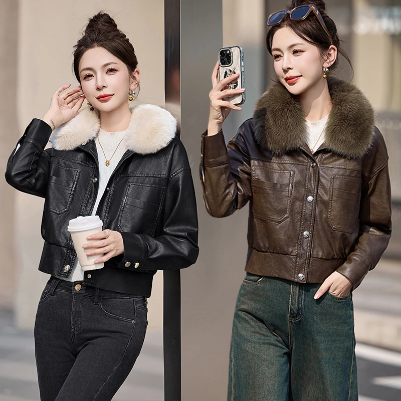 加绒皮衣外套女冬季高档时尚气质加厚短款小个子洋气大毛领皮夹克