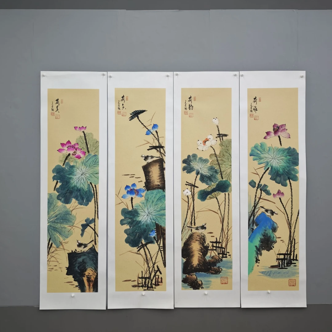 锦煌专属/李鲤手绘/荷花四条屏/画芯138x34.5/四尺对开X