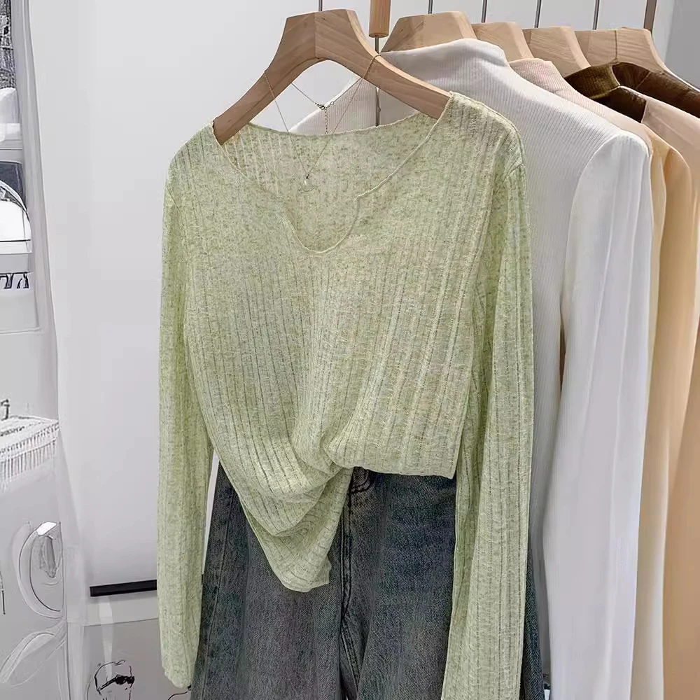 别致漂亮高级感宽松轻薄透气坑条长袖恤女春夏新款空调罩衫