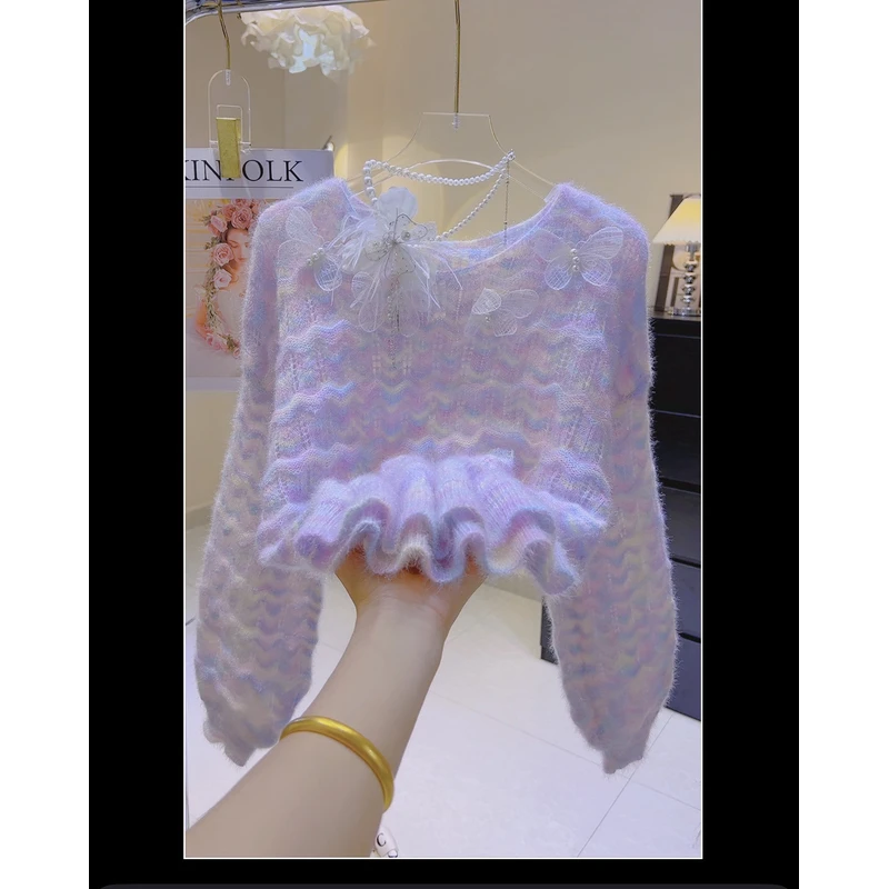 向温柔风七彩水晶纱蝴蝶结ins毛衣短款针织甜美