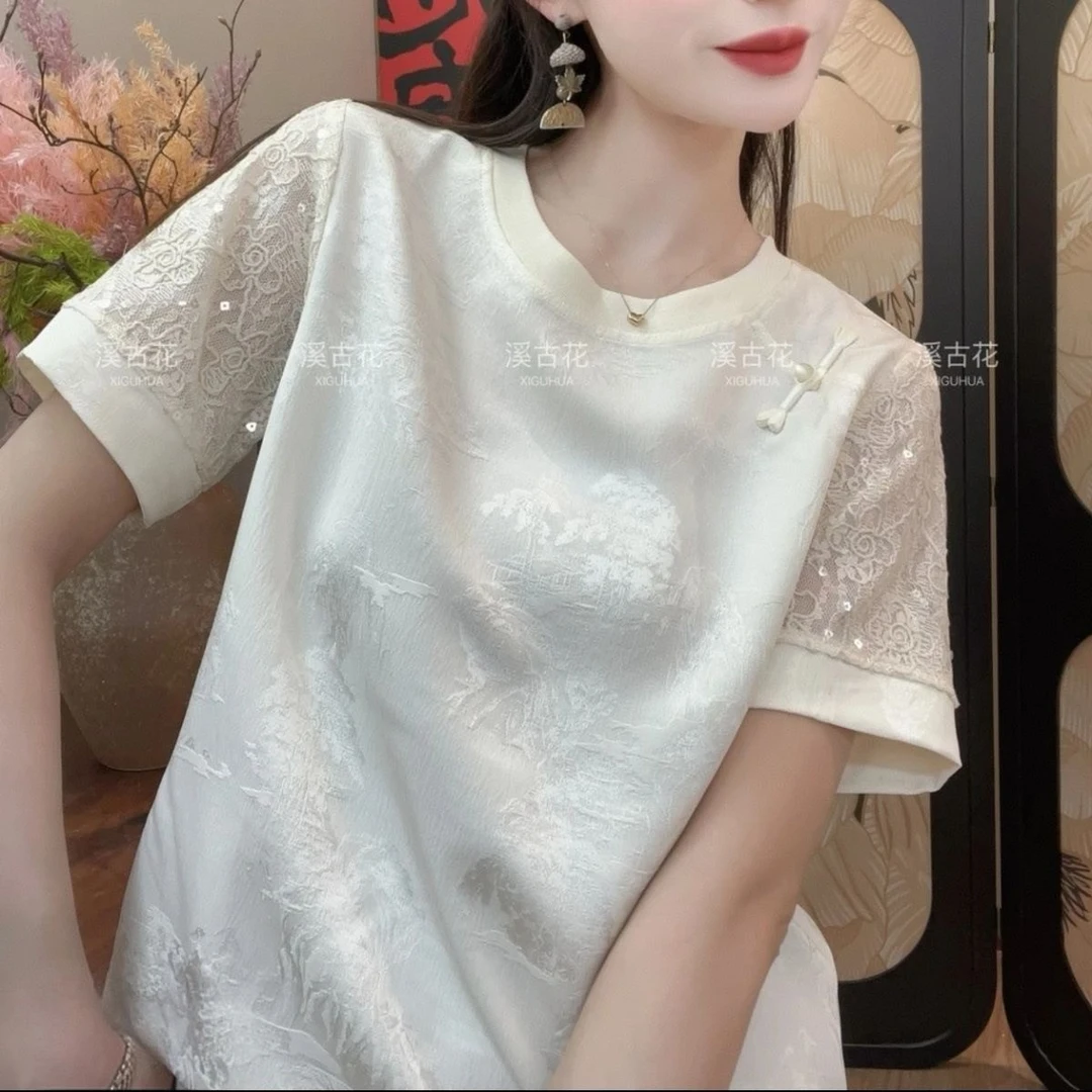 新中式国风暗纹提花盘扣短袖T恤女刺绣亮片洋气独特别致上衣