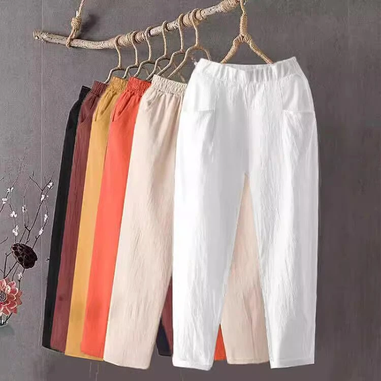 含亚棉宽松哈伦女裤2025新款薄棉麻垂感高腰九分显瘦休闲直筒裤子