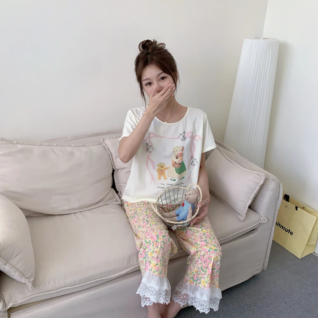 夏季新款短袖蕾丝花边八分裤可爱卡通碎花可外穿家居服睡衣套装