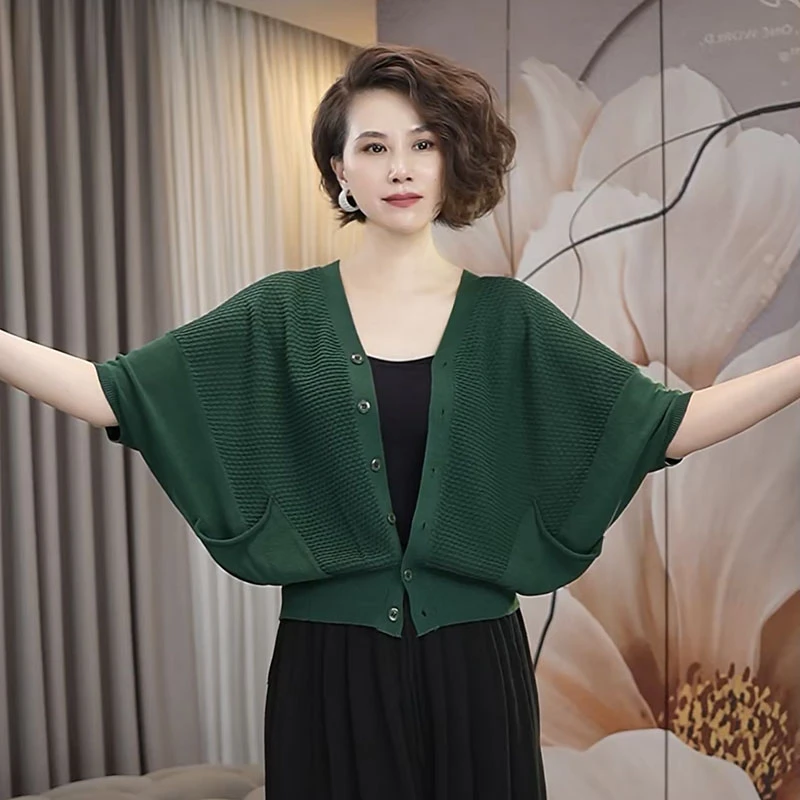 夏季高端原创连袖提花透气女士宽松休闲针织开衫上衣