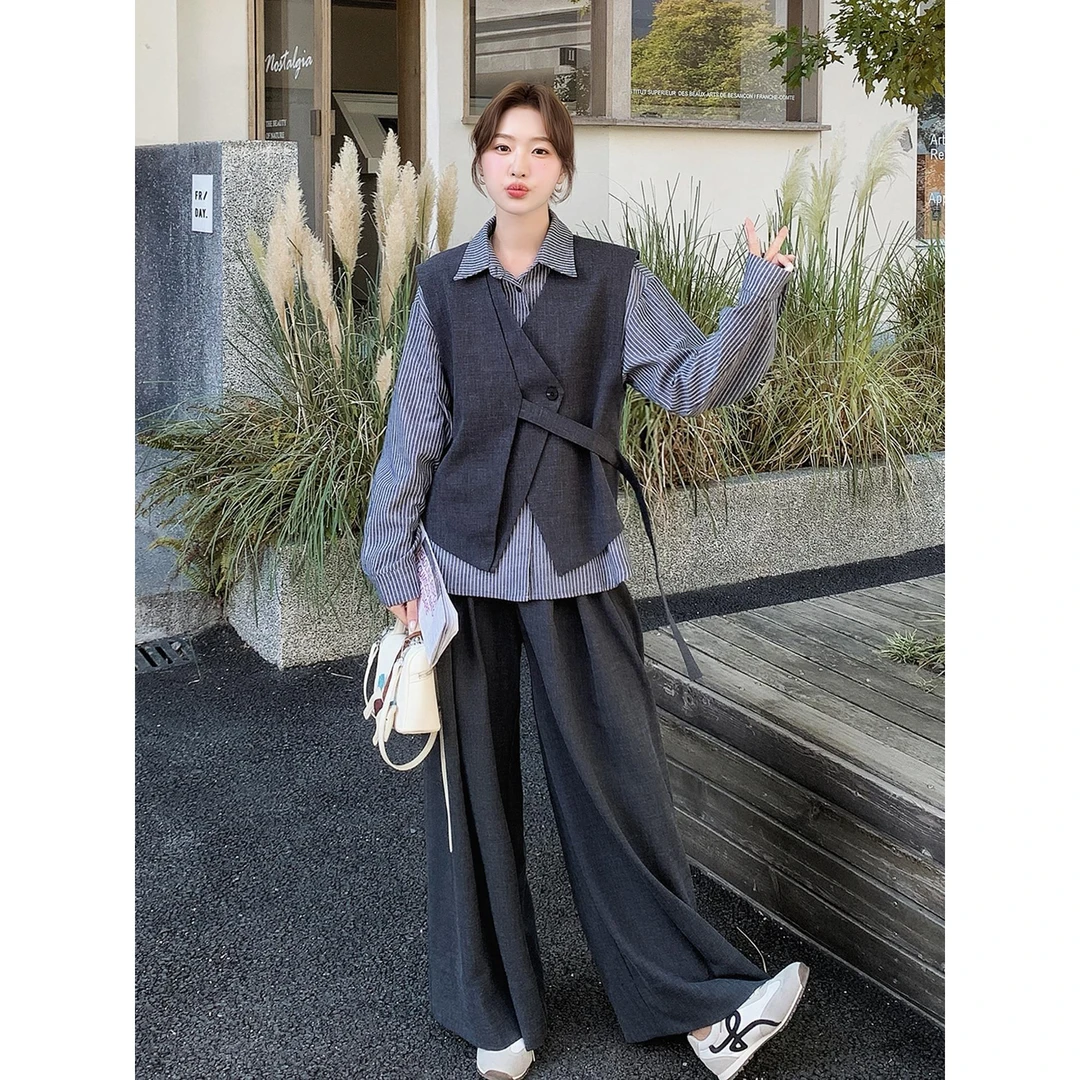 盐系穿搭三件套装女秋季2025新款不规则时尚马甲衬衫阔腿裤套装