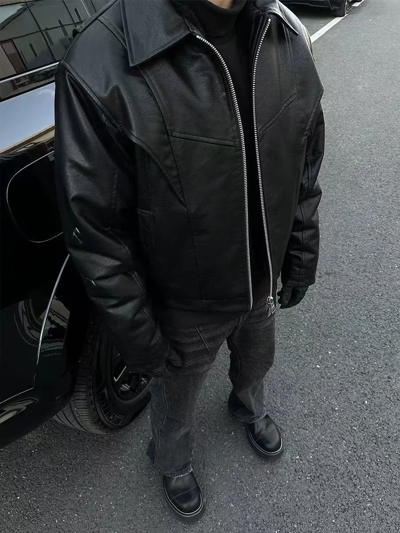 六六 黑色短款皮衣外套美式痞帅高级感翻领夹克男PU皮机车服